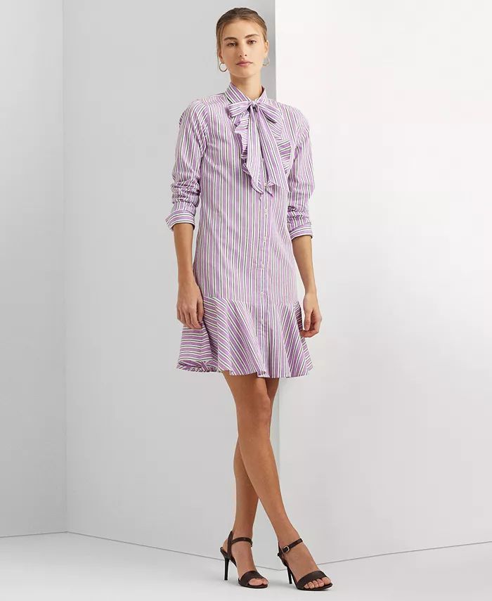 Lauren Ralph Lauren Women's Striped Broadcloth Tie-Neck Shirtdress - Macy's | Macy's