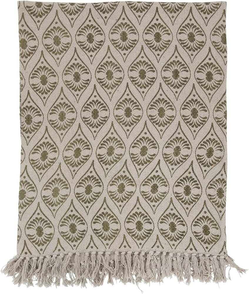 Creative Co-Op Recycled Cotton Blend Printed Pattern and Fringe Blanket Throw, Single, Green | Amazon (US)