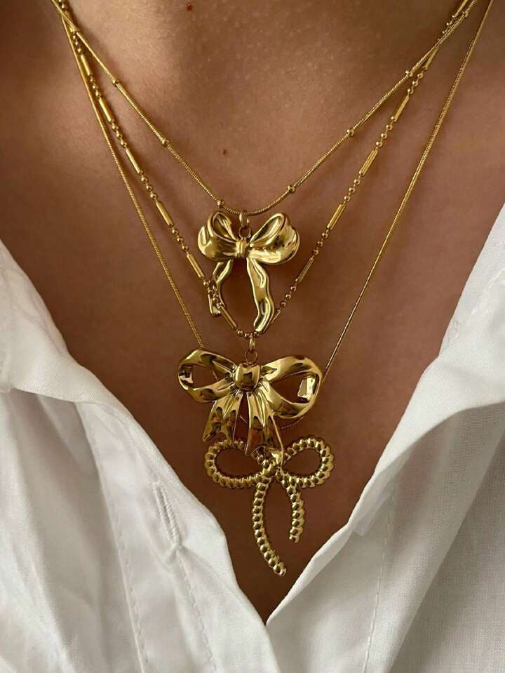 1pc New Trendy Striped Bow Pendant 18K Gold Waterproof Simple Versatile Women's Necklace | SHEIN