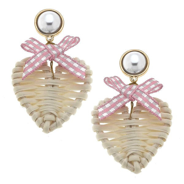 Piper Rattan & Gingham Heart Drop Earrings in Pink | CANVAS