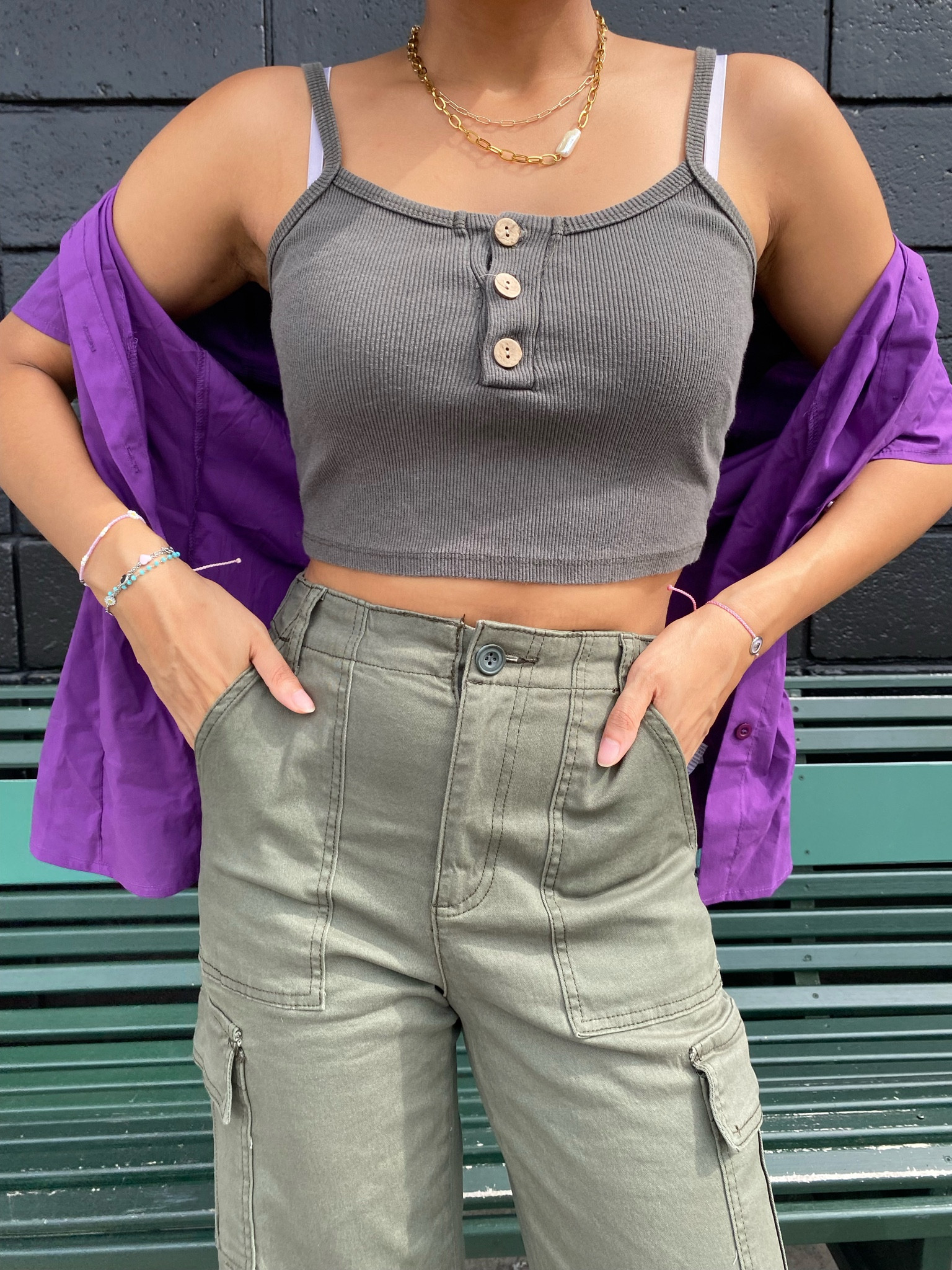Denim outfit purple top purple over coat purple Shaw purple cardigan green top button up top crop top spaghetti strap top pura Vida bracelet 