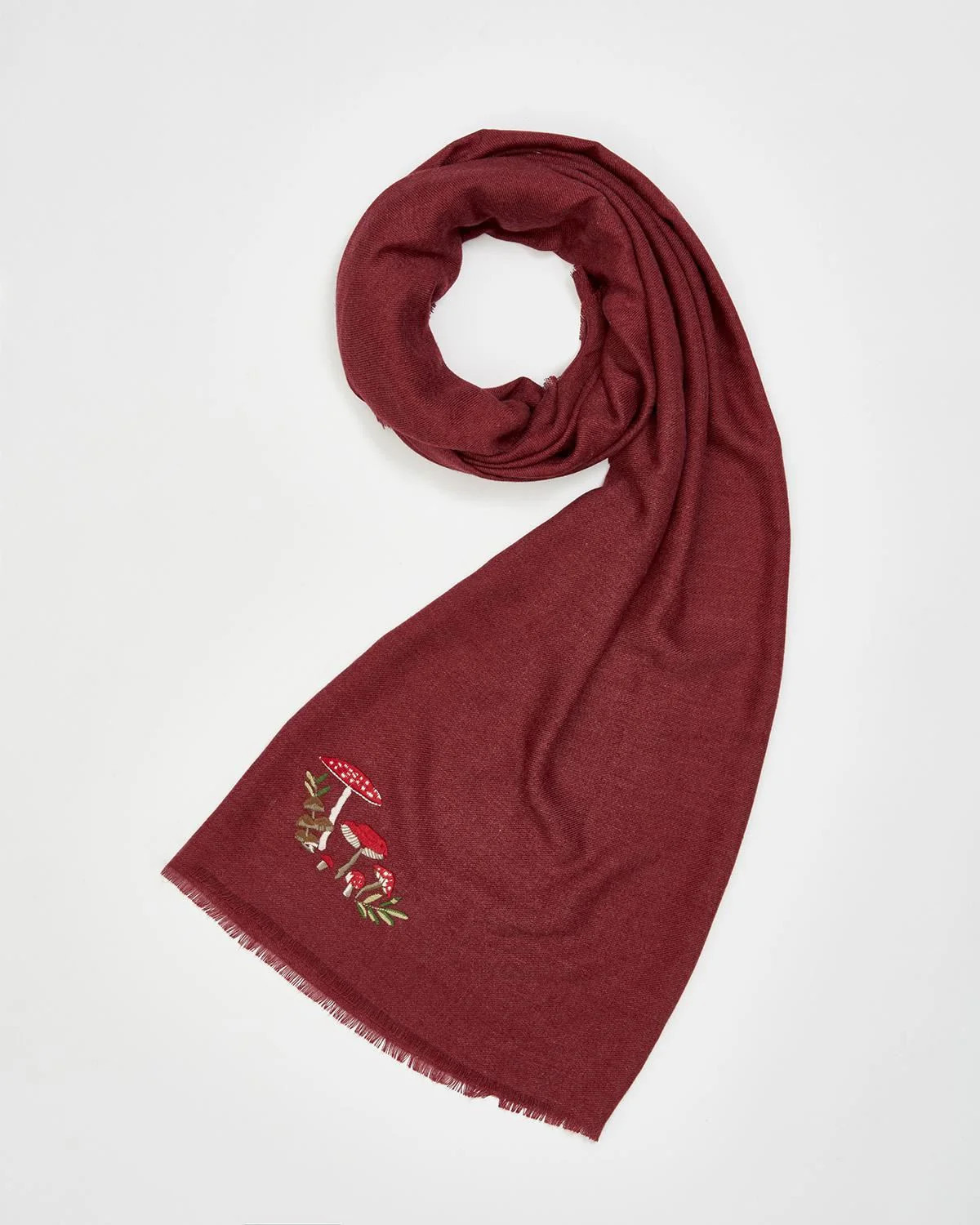 Mushroom Embroidered Burgundy Pashmina Scarf | Fable England