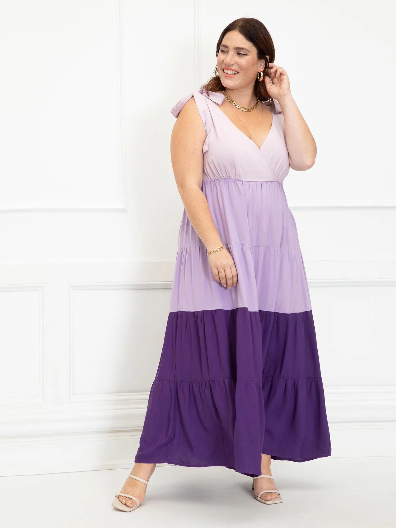 ELOQUII Elements Women's Plus Size Coloblocked Tiered Maxi Dress | Walmart (US)