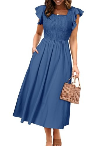 Miessial Womens Summer Smocked Midi Dress Casual Square Neck A Line Long Flowy Boho Beach Vacation Church Modest Dresses Solid Blue,XL | Amazon (US)