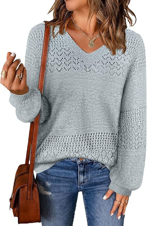 MixShe Womens Knit Sweaters 2026 Fall V Neck Long Sleeve Pullover Casual Loose Tops | Amazon (US)