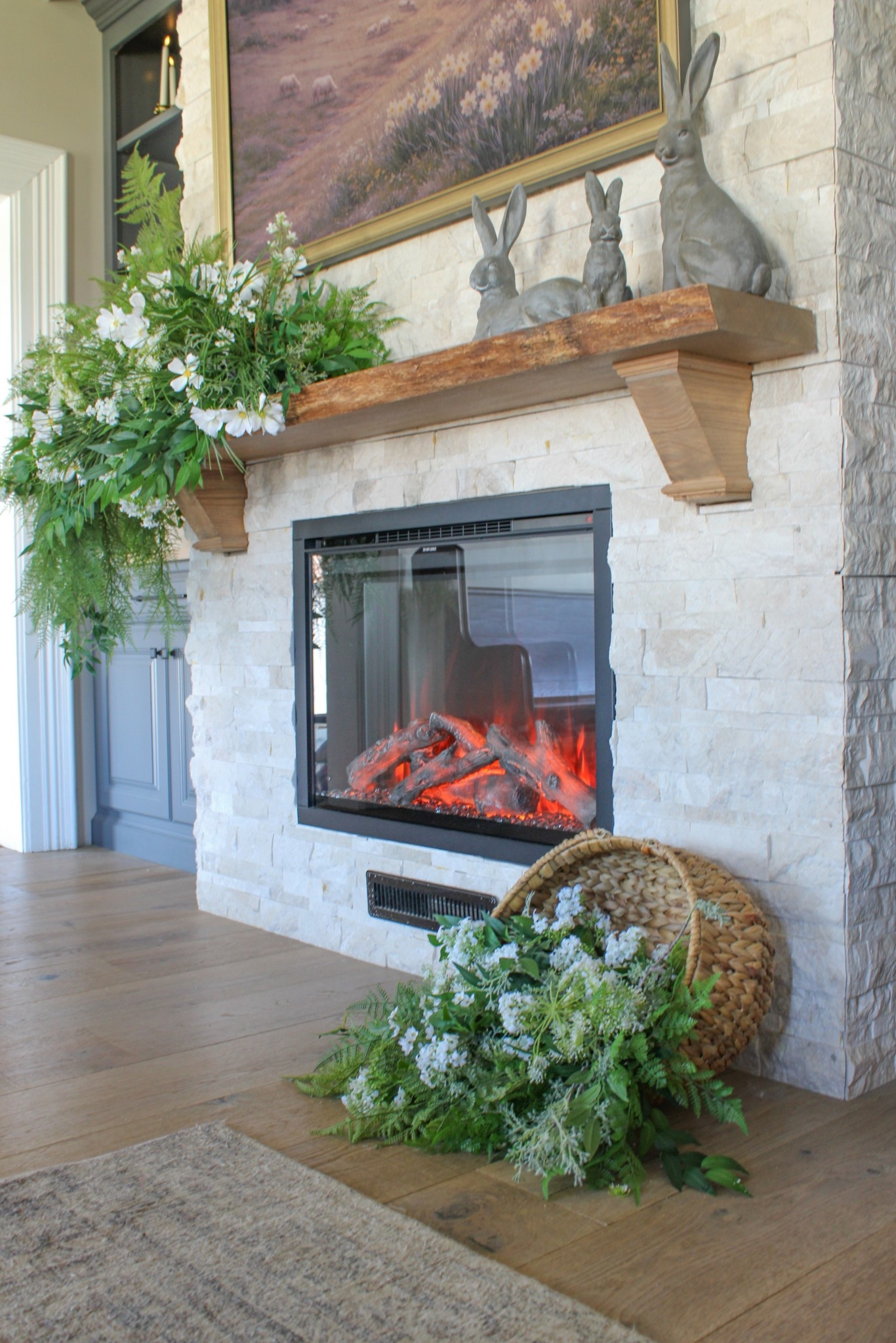 Easter Mantle Decor | Spring Mantle | Resin Rabbits | Stone Bunnies | Wicker Basket | Electric Fireplace Insert | Samsung Frame TV | Deco Framee

#LTKHome