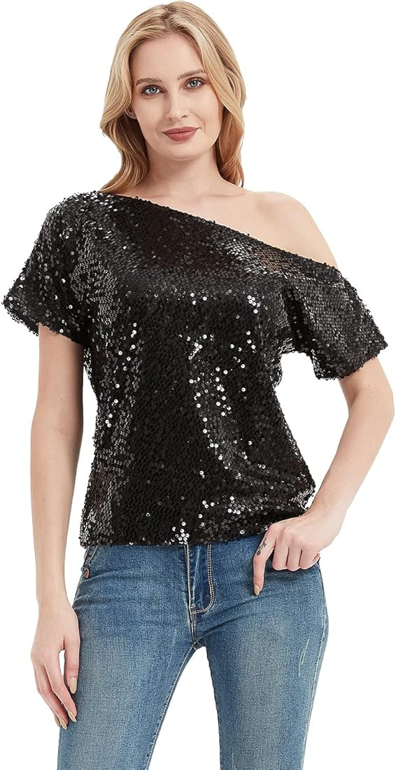 Anna-Kaci Womens Short Sleeve One Shoulder Sexy Sequin Top Blouse | Amazon (US)