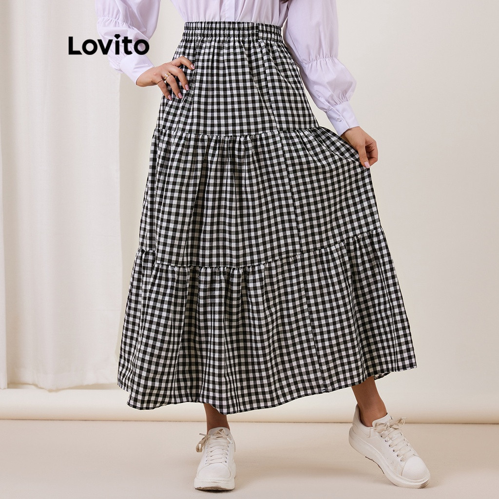Lovito Saia  Plissada com Bainha Babado Xadrez e Desfiada L17X193 (Preto) | Shopee (BR)