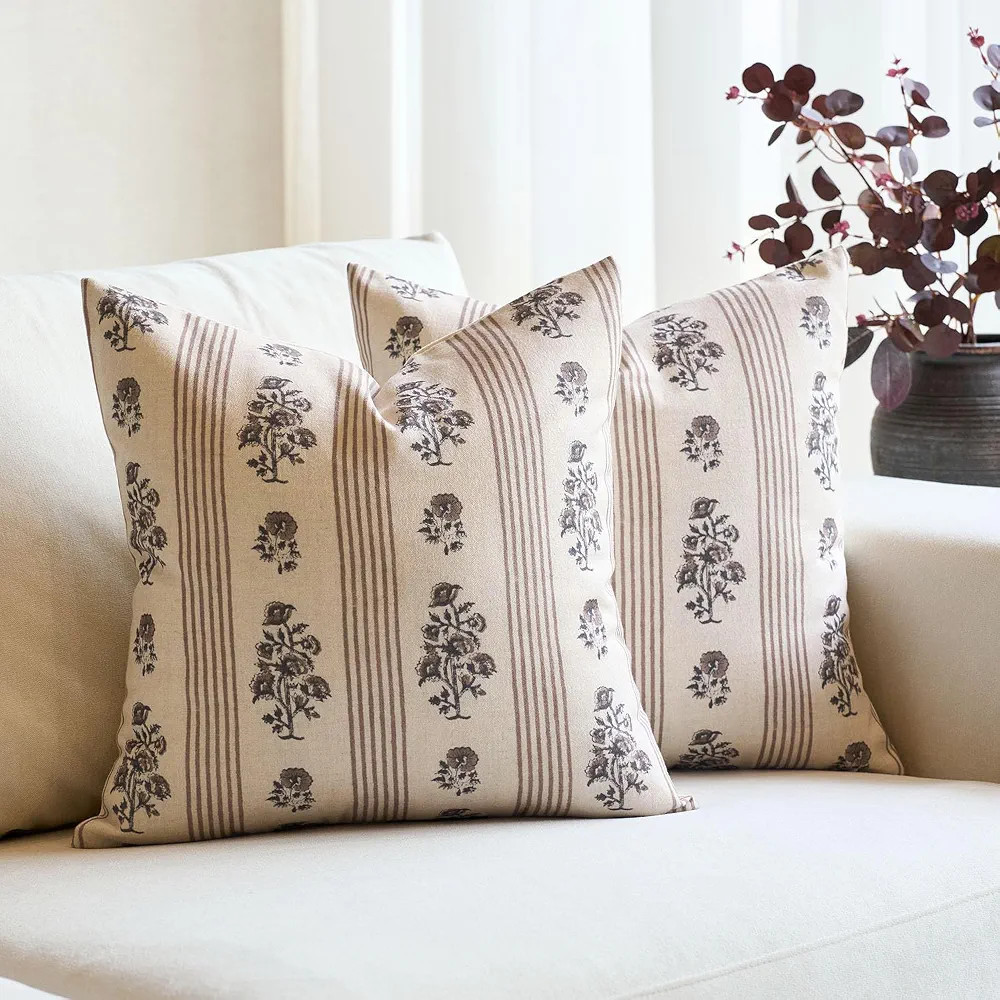 Amor Virisso Floral Throw Pillow Covers 18x18 Set of 2 Block Print Pillow Covers Neutral Floral S... | Amazon (US)