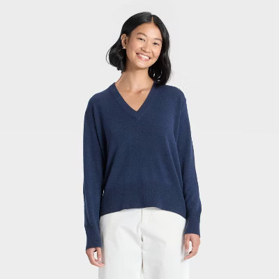 Women's Cozy Knit Relaxed V-Neck Pullover - A New Day™ Navy M | Target