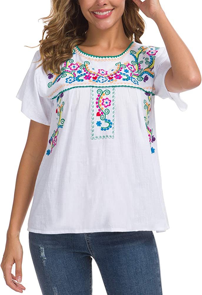 YZXDORWJ Women's Summer Casual Embroidered Blouse Short Sleeve Tops | Amazon (US)