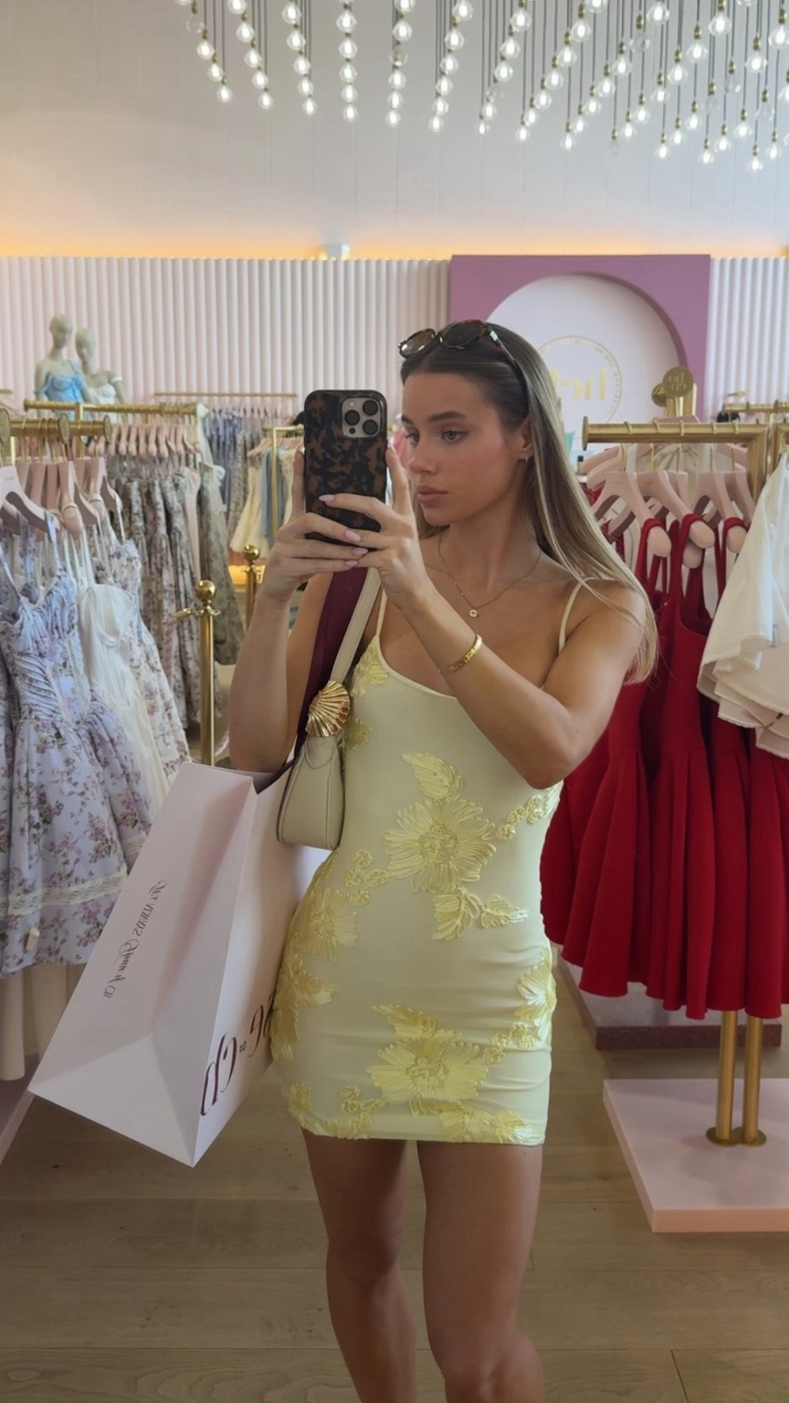 original dress is from white fox! 
But I added same vibe yellow mini dresses that I’ll be wearing this summer 💗 size XS always 