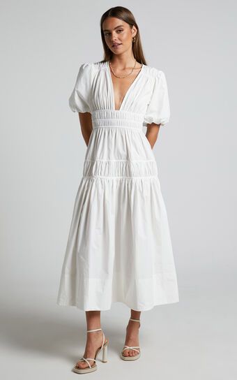 Mellie Midi Dress - Puff Sleeve Plunge Tiered Dress in White | Showpo (US, UK & Europe)