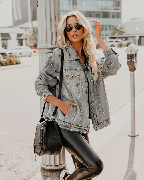Kind Of A Big Deal Pocketed Studded Denim Jacket - Light Wash | VICI