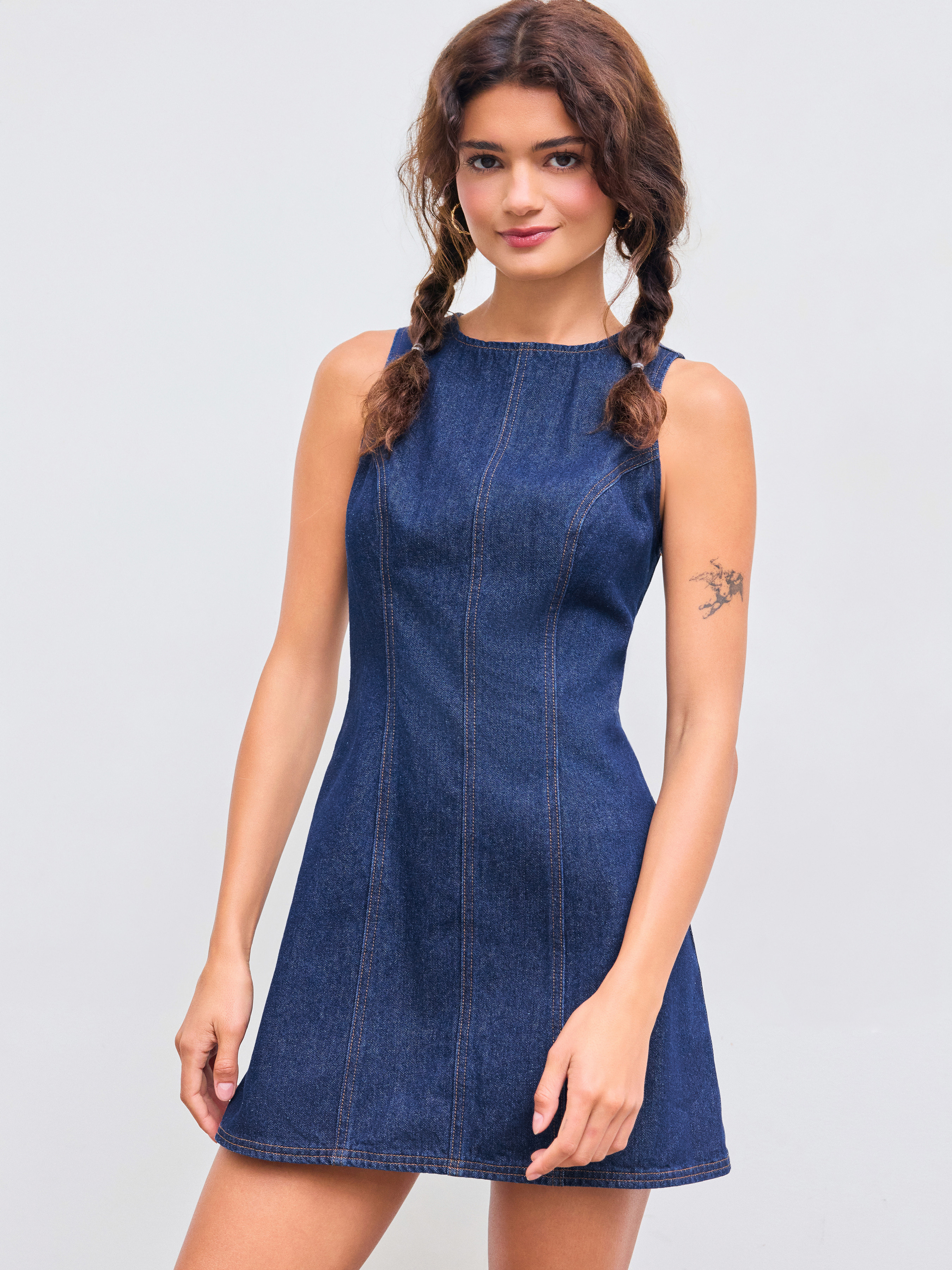 Denim Denim Solid Zipper Sleeveless Mini Dress For School | Cider