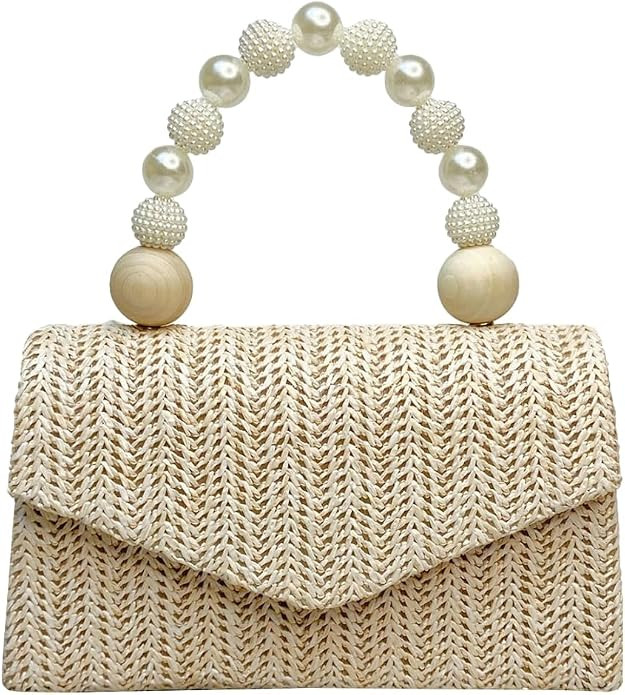 Straw Evening Handbag for Women Exquisite Pearl Beaded Top-Handle Purse Small Satchel Purse Woven... | Amazon (US)
