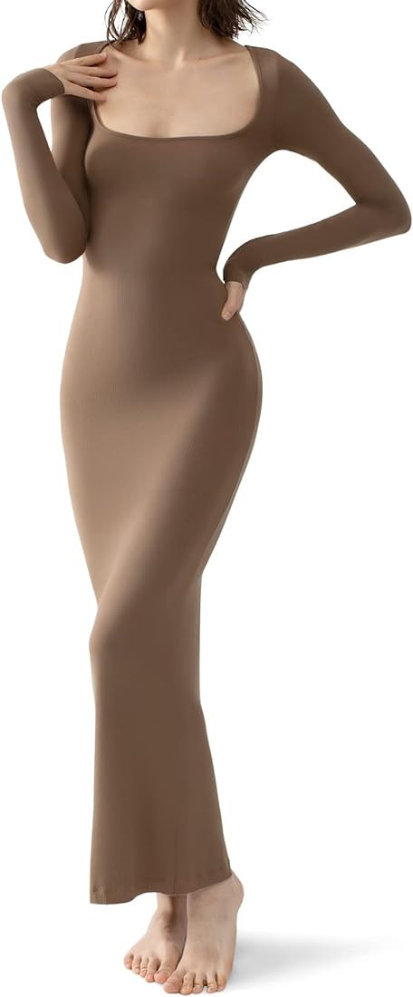 PUMIEY Women's Square Neck Long Sleeve Maxi Dress Ribbed Bodycon Dresses for Women Soft Lounge Dr... | Amazon (US)