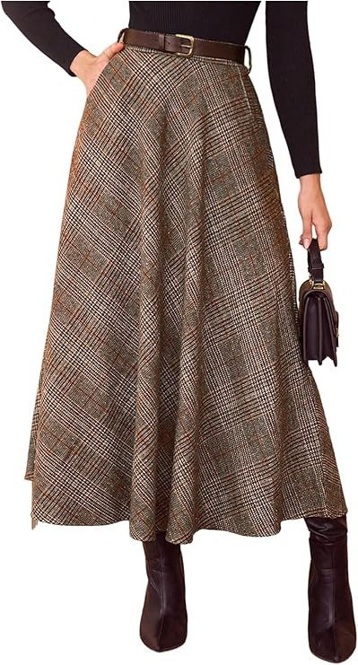 SweatyRocks Women's Vintage Plaid Maxi Skirts High Waist Belted A Line Office Work Skirt with Poc... | Amazon (US)