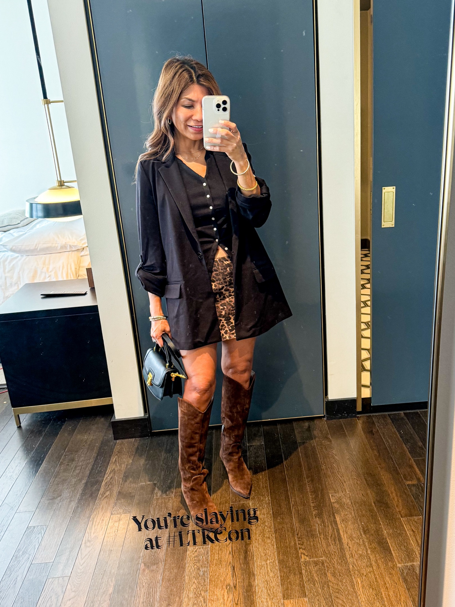 Elevated casual fall outfit.
Blazer in XS tts
Ribbed crew neck vest in XS.
Leopard denim skort I sized up for length. 
Boots tts linked exact + similar pair form the same brand. One of my fav boot brands. 
Fall fashion, fashion over 40, petite style, petite fashion.

#LTKStyleTip #LTKFindsUnder50 #LTKCon