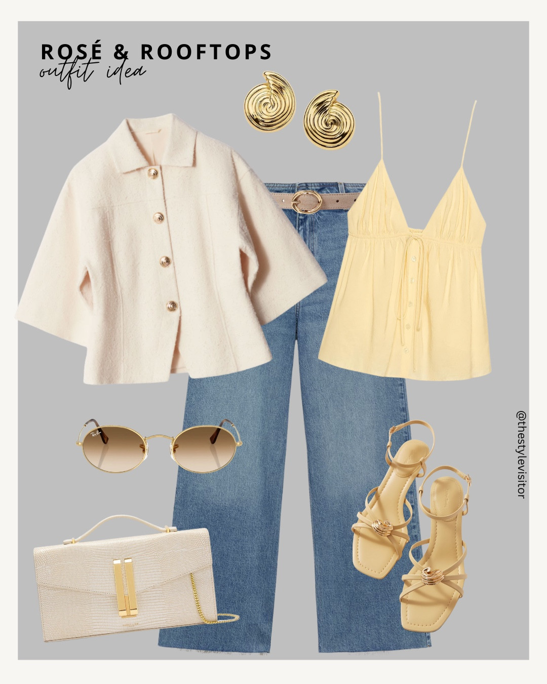 🍷 Meet me at the rooftop? Yellow tones, denim flares & soft boucle layers make this the ultimate look for bottomless brunches or golden hour hangs 💛🥂🌇

Like this post to save it to your favourites folder and come back later to shop.

Keywords: yellow cami, boucle jacket, high waist jeans, gold sandals, neutral clutch, summer brunch outfit, city chic, rooftop outfit, playful elegance, soft glam, sunny style, gold accessories, denim look, casual luxe, warm weather style, statement earrings, brunch vibes, effortless fashion, golden hour outfit, relaxed sophistication

#LTKStyleTip #LTKSeasonal #LTKSummerEdit