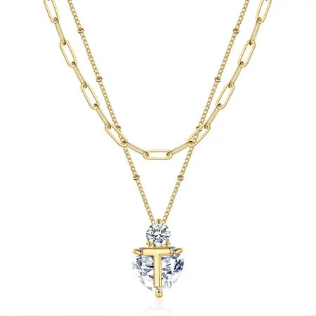 TINGN Gold Layered Necklaces for Women 14K Gold Plated Paperclip Chain Heart CZ Pendant Initial Necklace | Walmart (US)