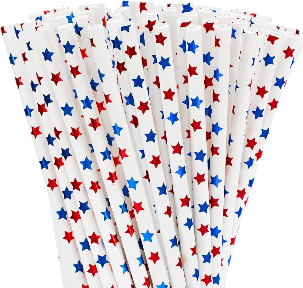 Whaline 200Pcs 4th of July Disposable Paper Straws Patriotic Red Blue Stars Disposable Drinking S... | Amazon (US)