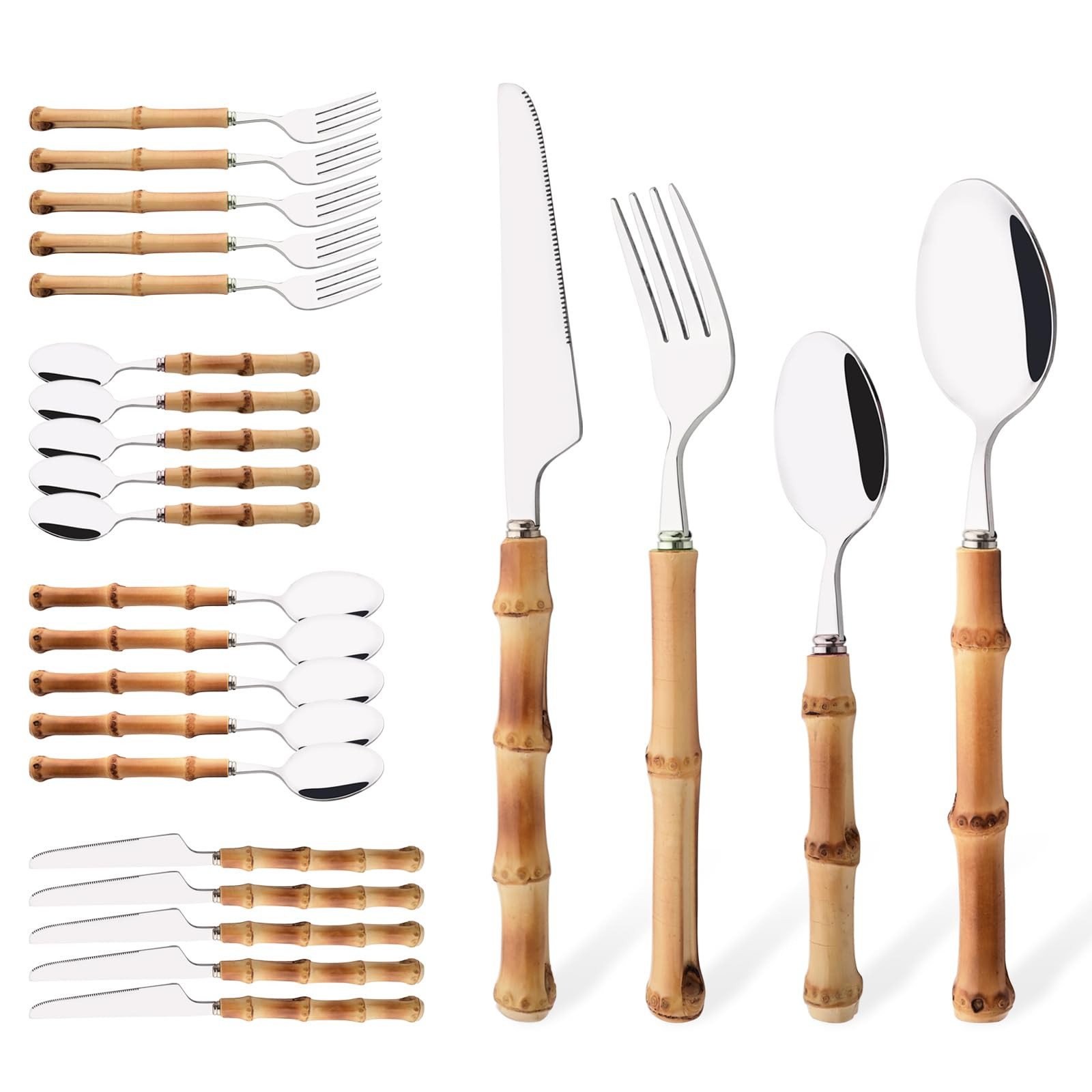 Bamboo Silverware Set, 24-Piece Natural Bamboo Flatware Cutlery with Stainless Steel Silver Head,... | Amazon (US)