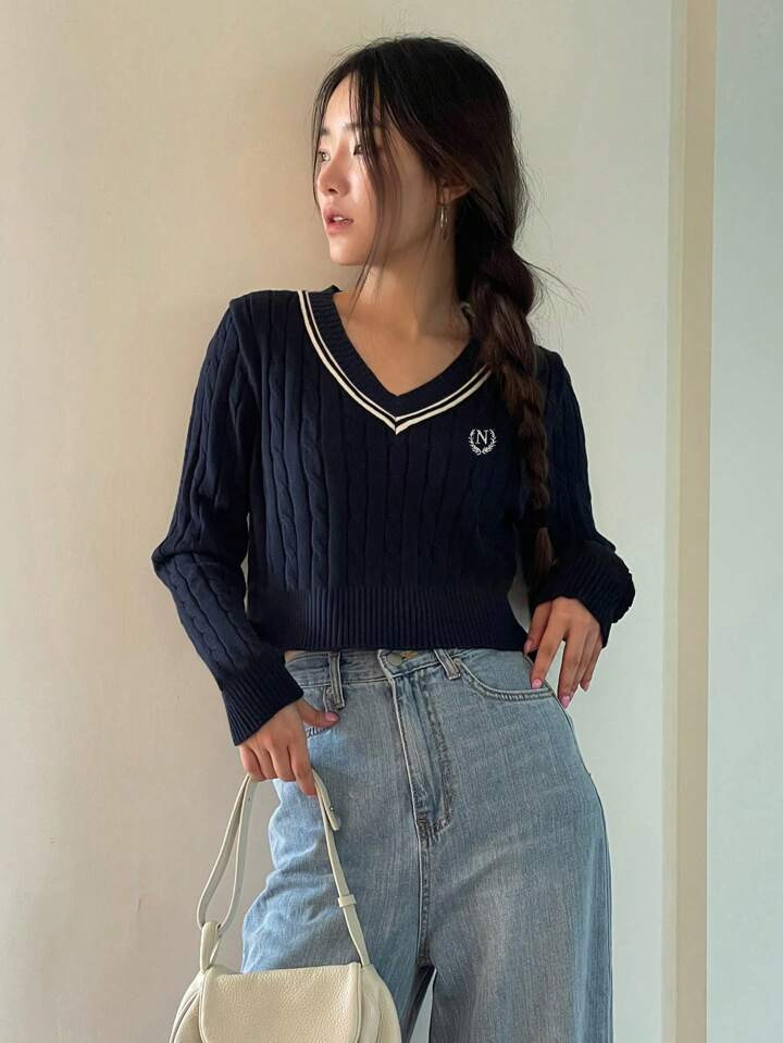 DAZY Letter Patched Striped Trim Cable Knit Sweater | SHEIN