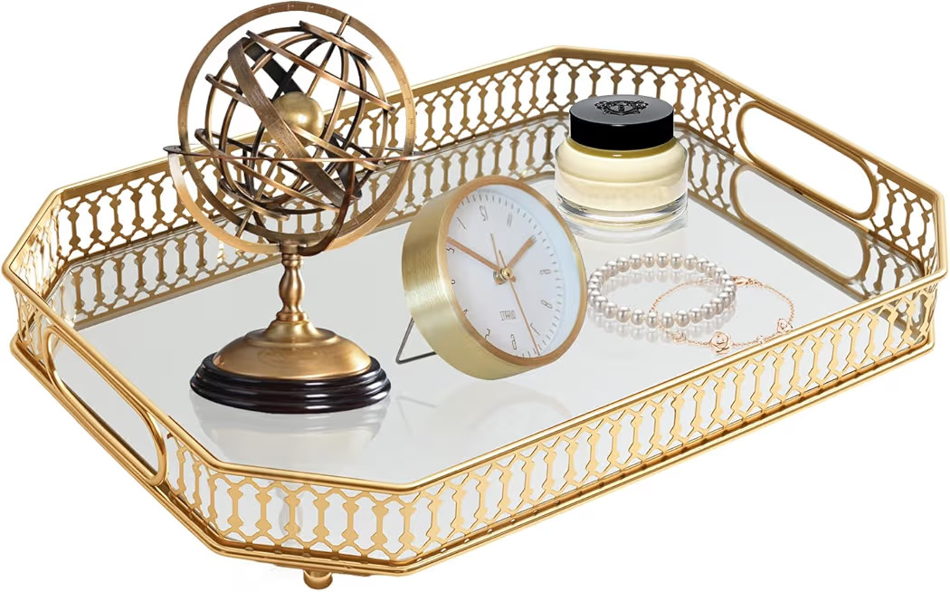 Bandeja de espejo de tocador con espejo dorado vintage, organizador decorativo de perfume y maqui... | Amazon (US)