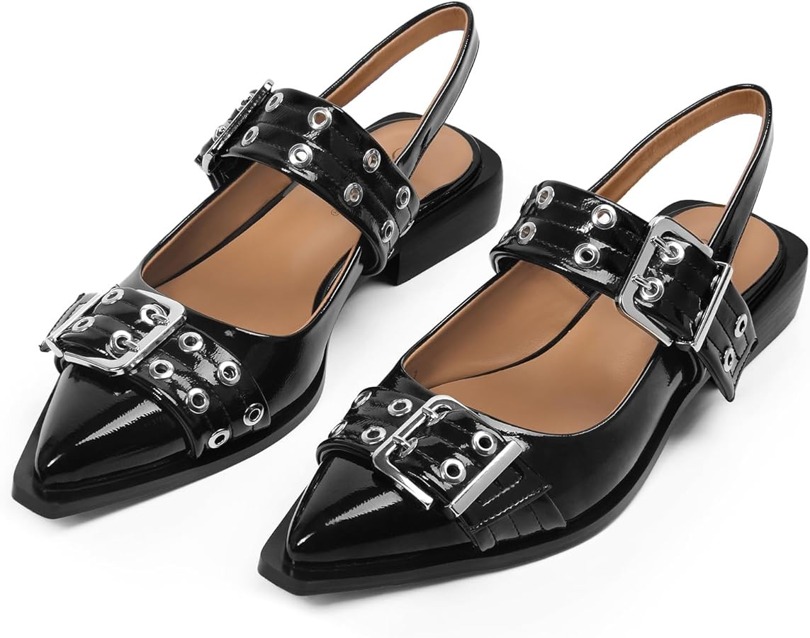 Slingback Flats for Women Buckle Ballet Flats Ballerina Shoes Wide Welt Squared Block Heel Chunky... | Amazon (US)