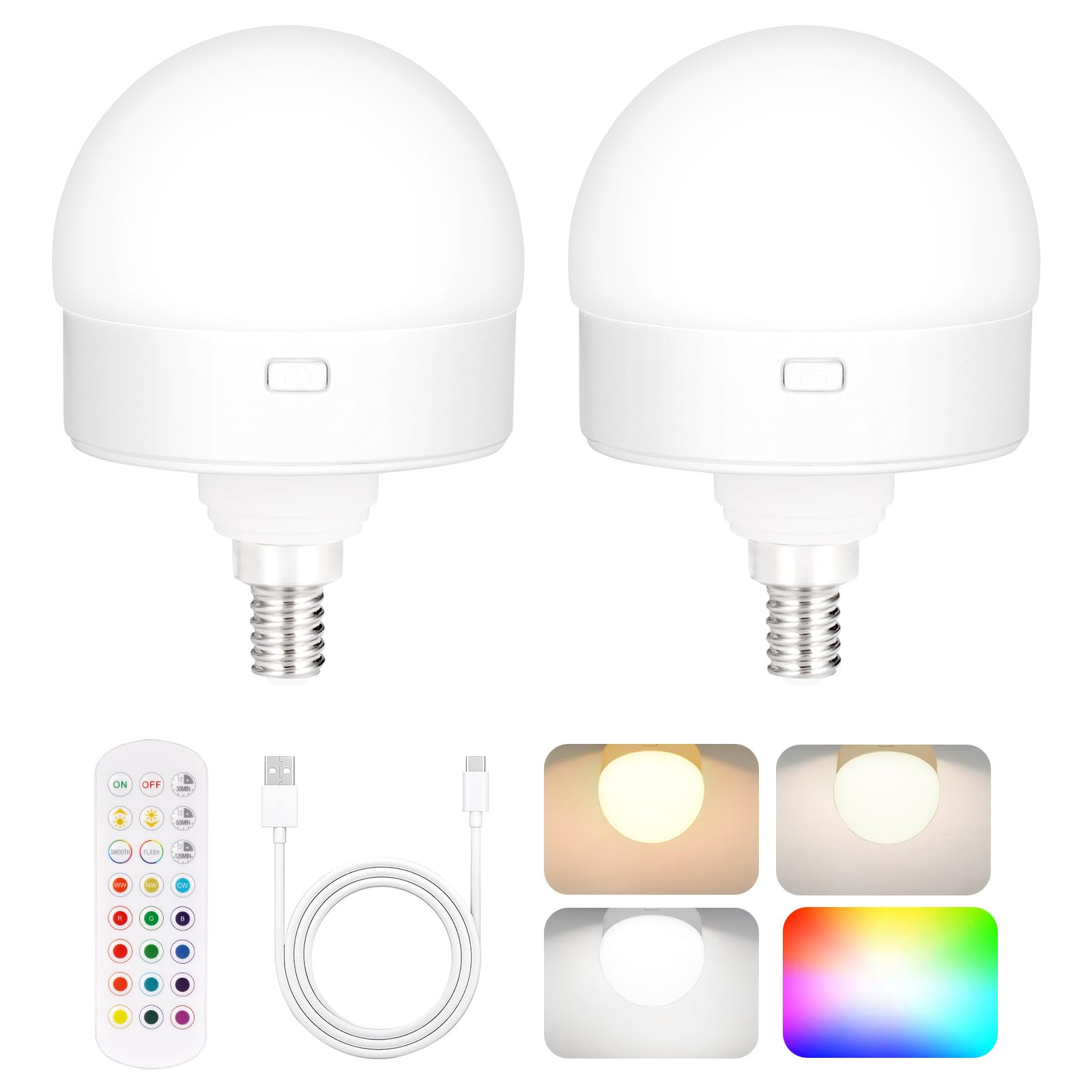 Yochoice 2-Pack E12 Rechargeable Battery Operated Light Bulb with Remote, Dimmable LED Bulb with ... | Amazon (US)