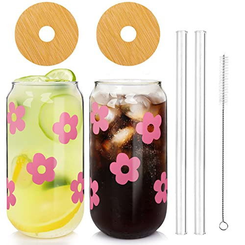 Glass Cups with Lids and Straws, Can Shaped Glass Cups, 20OZ Glass Cups, Drinking Glasses, Iced Coffee Glasses Cup, Smoothie Cups, Tumbler Glass, Reusable Iced Coffee Cup Drinking Glasses -Set of 2 | Amazon (US)