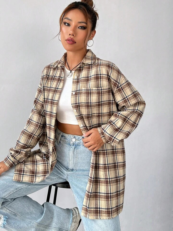 SHEIN EZwear Plaid Print Drop Shoulder Shirt Without Tank Top | SHEIN