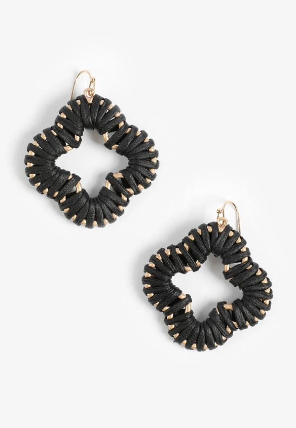 Black Raffia Wrapped Clover Drop Earrings | Maurices