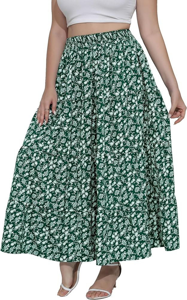 Women's Long Maxi Plus Size Skirt 2024 Trendy Flowy Elastic High Waist Casual Spring Swing A-line... | Amazon (US)