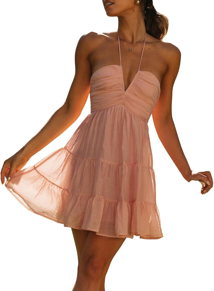 Women's Halter Deep V Neck Mini Dress Sleeveless Smocked Tiered Swing A Line Dress Backless Short... | Amazon (US)