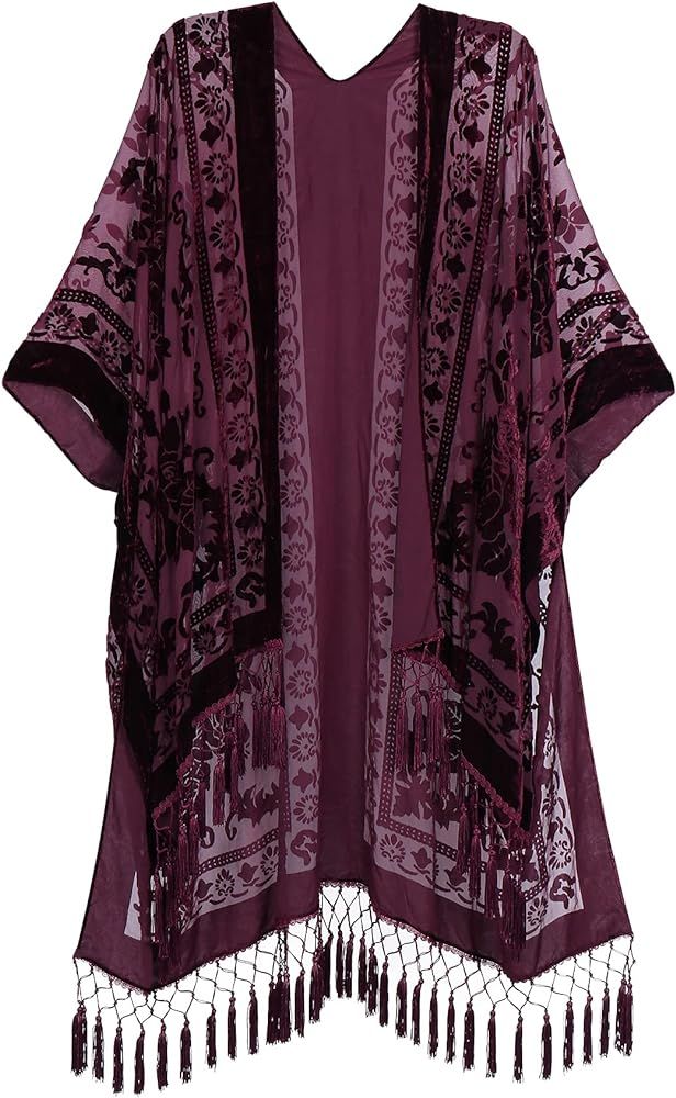 Women's Burnout Velvet Kimono Long Cardigan Cover Up Without Tassel | Amazon (US)