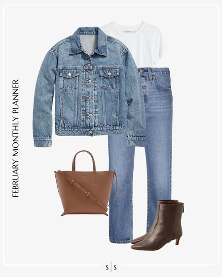 Monthly outfit planner: FEBRUARY: Winter looks | denim jacket, straight jean, ankle boot, cognac tote, white tee | Canadian tuxedo, denim on denim 

See the entire calendar on thesarahstories.com ✨ 

#LTKstyletip