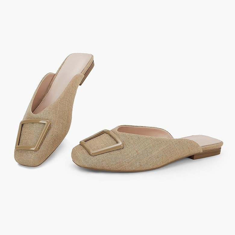 Women's Flat Linen Mules Ladies Square Buckle Decor Closed Square Toe Backless Slip on Slides Loafer | Amazon (US)
