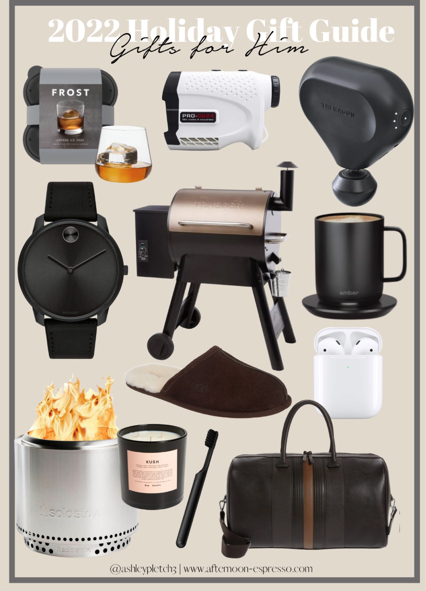 Men’s gift guide, men’s guide, holiday men’s gift guide, holiday gift guide, gift guide for him, holiday gifts, gift for him, men’s watch, fire pit, golf range finder, cocktail ice cubes, travel bag and more!

