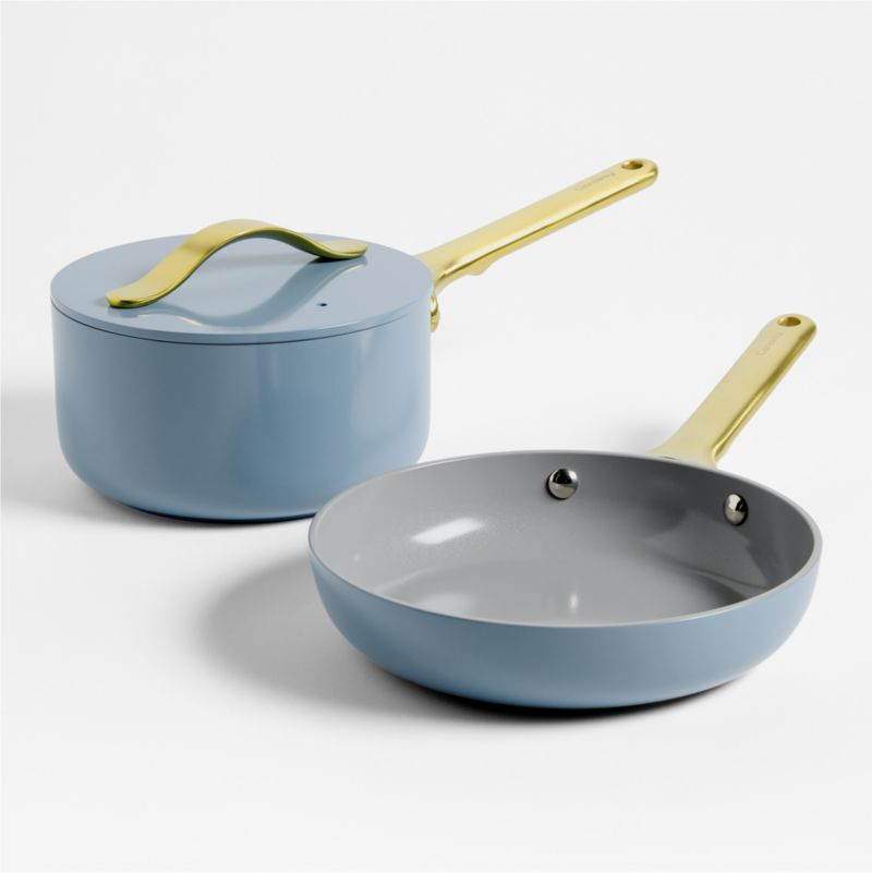 Caraway 4-Piece Blue Lagoon Mini Duo with Brushed Gold Hardware + Reviews | Crate & Barrel | Crate & Barrel