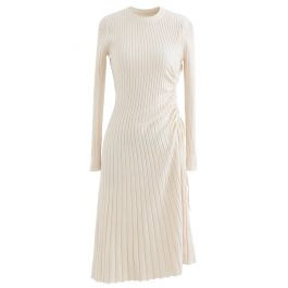 Side Drawstring Ribbed Knit Midi Dress in Ivory | Chicwish