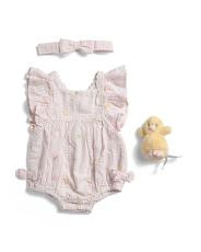 Newborn Girls 3pc Seersucker Bodysuit Chick And Lovey Headband Set | TJ Maxx