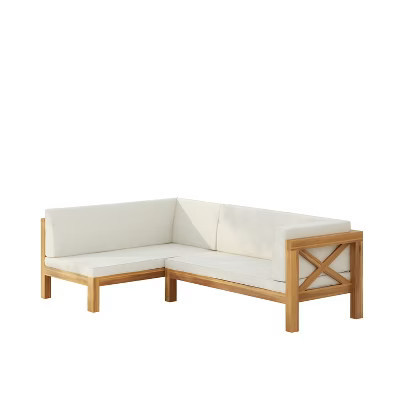 GDFStudio Caspian Outdoor Acacia Wood Left Facing 4 Seater 88.5" Sectional Sofa with Cushions, Teak/Beige | Target