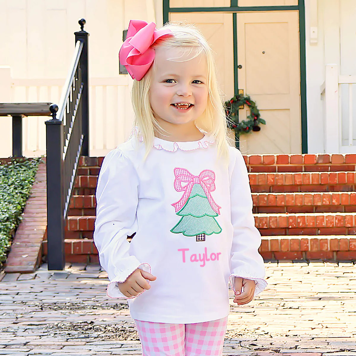 Christmas Tree & Bow Applique Ruffle Collared White Long Sleeve Top | Classic Whimsy