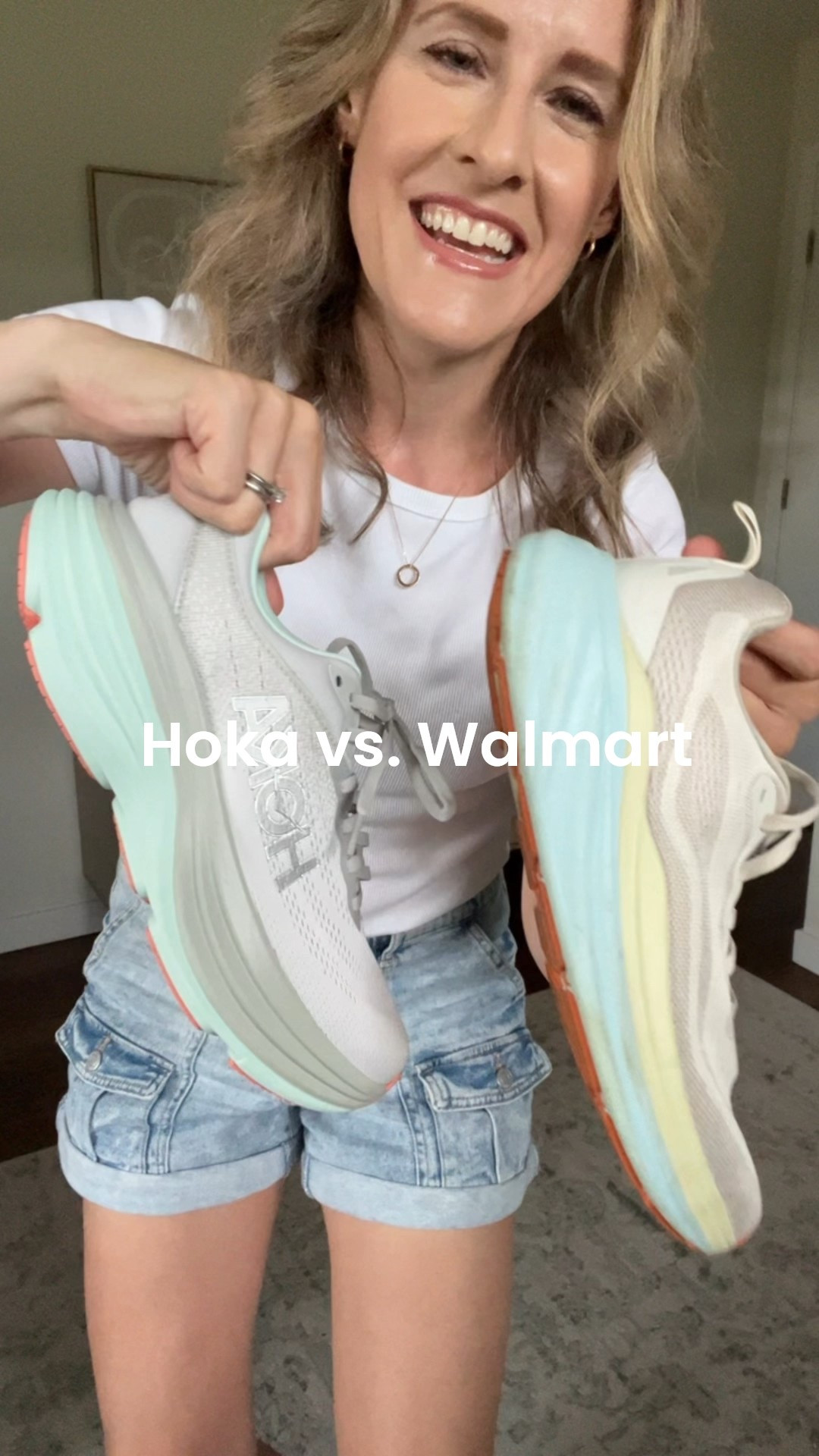 Side by side comparison of the Hoka Bondi (color is Starburst/Aqua breeze) and the Walmart look for less. Honestly I find the Walmart ones very comfortable and can’t justify the cost of the Hoka besides the coolness factor 😁 #walmartfashion lookalike 

#LTKShoeCrush