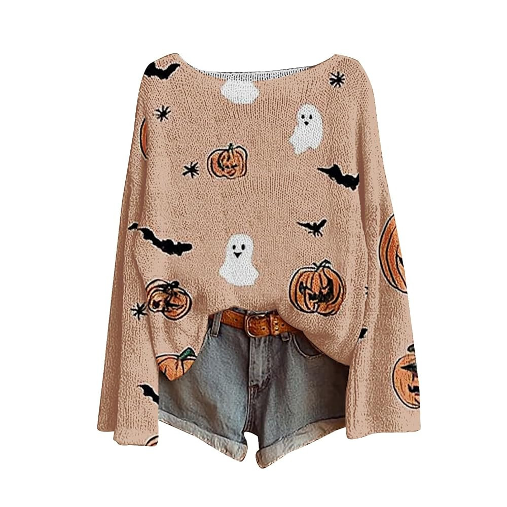 Halloween Sweaters for Women Boho Vintage Spooky Season Ghost Sweatshirt Graphic Print Long Sleev... | Amazon (US)