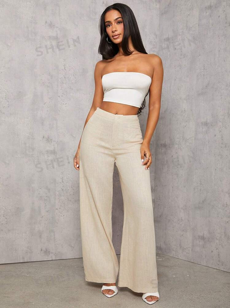 SHEIN PETITE Apricot Woven  And Linen Imitation Trousers For Women With Pockets | SHEIN