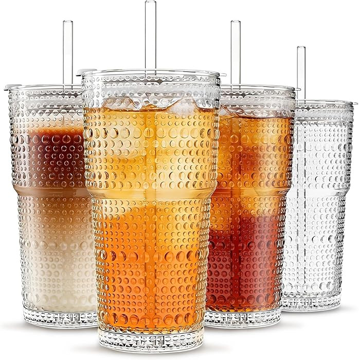 INSETLAN 20oz Hobnail Glass Cups with Lids and Glass Straws \u2013 4 Pieces, Thick-Walled Glass T... | Amazon (US)