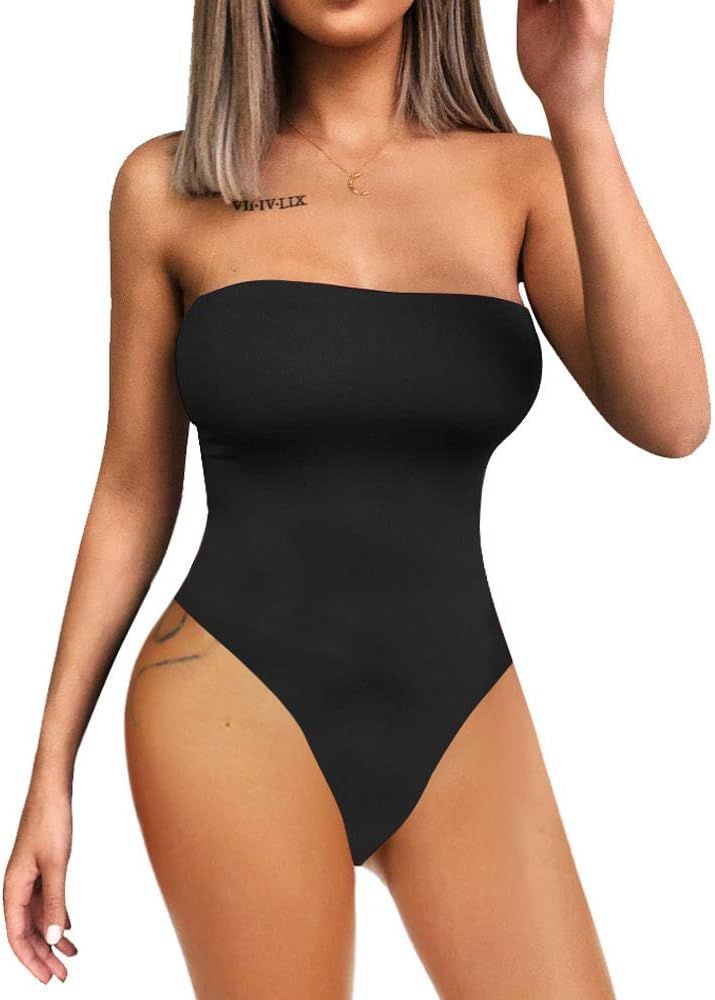 YMDUCH Women's Sexy Strapless Bodysuit One Piece Triangle Off Shoulder Leotard | Amazon (US)